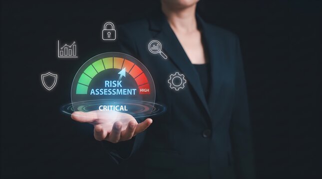 Businesswoman holding a digital risk assessment gauge showing critical level