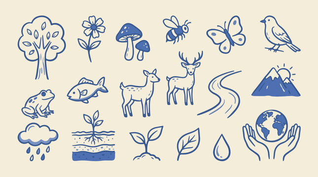Forest biodiversity and woodland wildlife line icon collection with tree, flower, mushroom, rabbit, small mammals, rain and soil, hand drawn blue outline vector on cream background