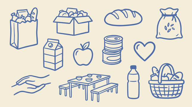Food donation and grocery assistance line icon collection with shopping bags, produce boxes, milk carton, apple, helping hand and table, hand drawn blue vector on cream background