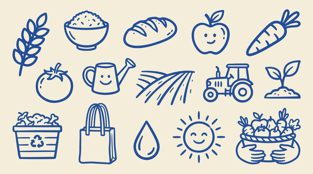 Sustainable food and zero waste shopping line icon collection with wheat, rice bowl, tomato, bread, recycling bin and reusable bag, hand drawn blue outline vector on cream background