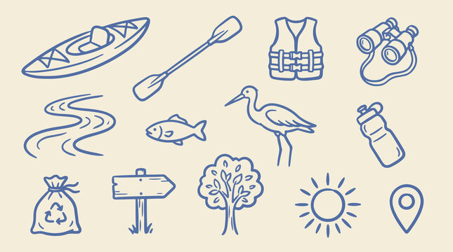 River recreation and responsible fishing line icon collection with kayak, paddle, winding stream, fish, trash bag and direction sign, hand drawn blue outline vector on cream background