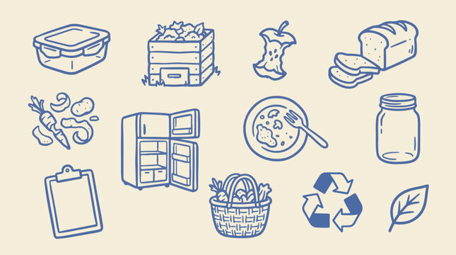 Food storage and kitchen organization line icon collection with meal container, produce crate, vegetables, refrigerator and clipboard, hand drawn blue outline vector on cream background