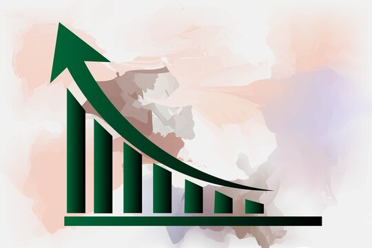 Green upward arrow with decreasing bar chart isolated on white background