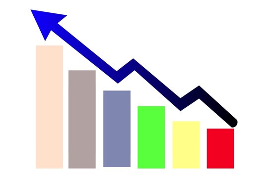 Downward trend bar chart with arrow isolated on white background