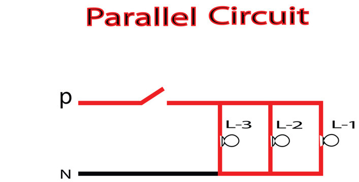 Parallel Circuit Diagram with Switch and Three Lamps, Electrical Engineering Schematic Vector, Educational Physics Illustration for Science Textbooks