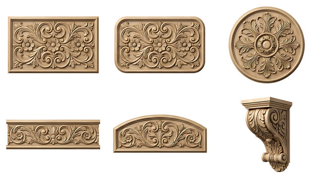 Ornate wooden carved architectural panels isolated on transparent