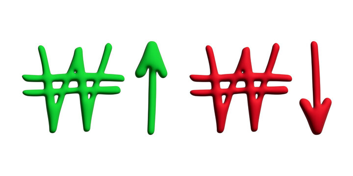 3d won currency symbol Growth and fall profit with arrow up and down Element for design