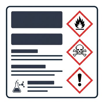 Safety labels show hazard pictograms for chemicals in a laboratory to provide clear warnings about dangers and required actions