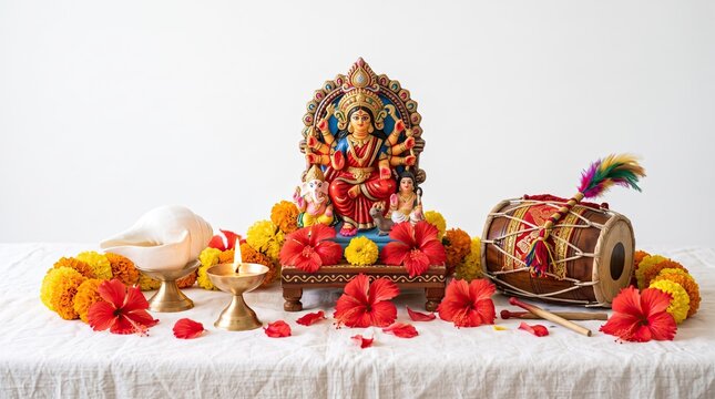 Durga Puja festival setup with Goddess idol, dholak drum, marigold flowers, and ritual items on white background