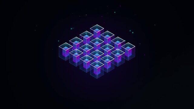Abstract glowing cube structure rotating with subtle particle effects in dark digital space