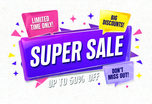 Colorful super sale banner with limited time discounts and big offers isolated design