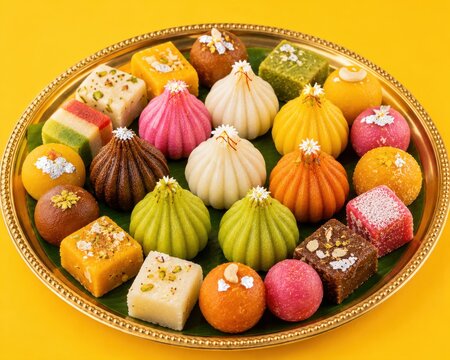 colorful modak and sweets in plate on white background
