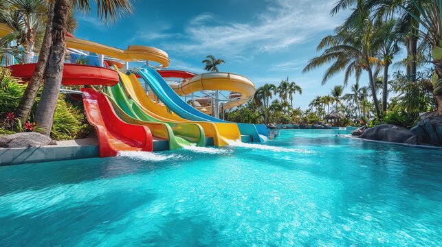 Vibrant water slides in sunny tropical setting.