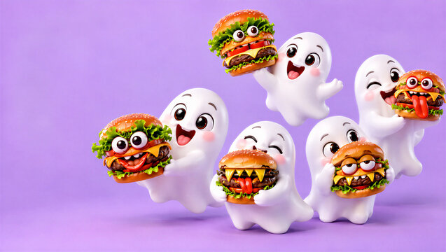 Five Cute Ghosts Holding Monster Burgers for Halloween Food Promotion