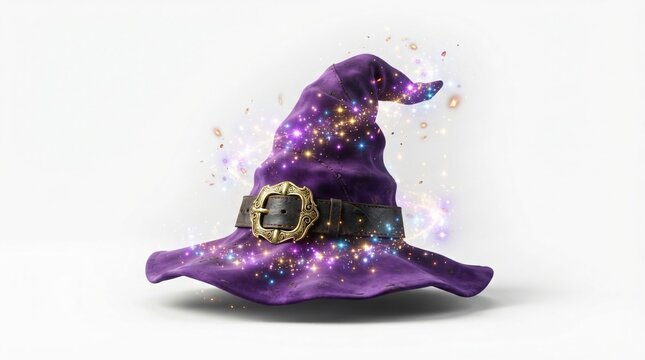 Magical purple witch hat with golden buckle and sparkling fairy dust