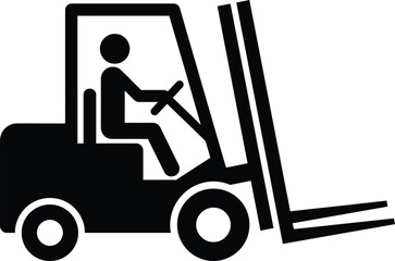 Forklift operator icon, warehouse logistics vehicle silhouette, industrial lift truck vector symbol for shipping and distribution signage © AbuHuraira