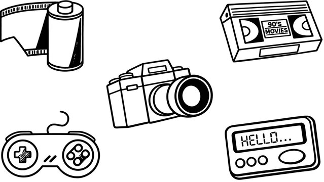 Vintage electronics and retro gadgets appear as black and white line art icons.