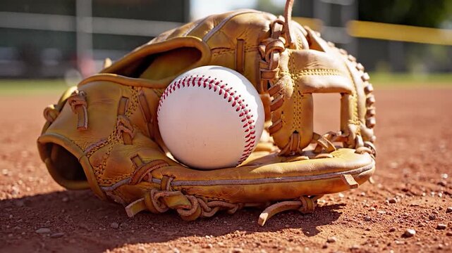 Leather baseball glove and ball on dirt field at sunset.