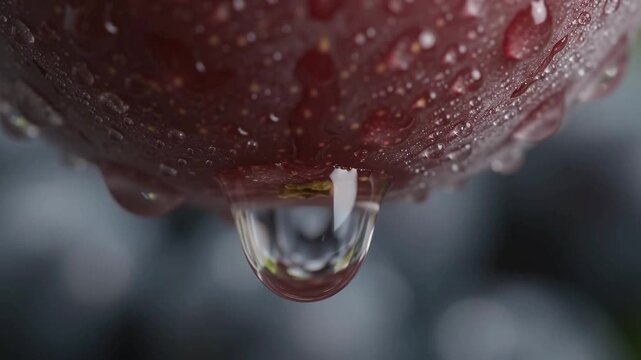 Macro shot of a clear water droplet on the vibrant red skin of a fresh fruit emphasizing natural freshness purity and healthy eating