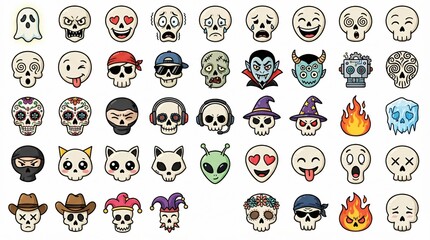 Obraz premium Collection of stylized skull character faces with diverse personalities and themes