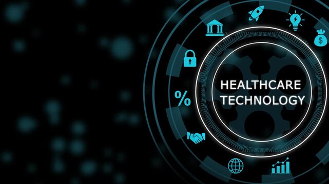 Healthcare technology digital interface with rotating gears and medical for modern hospital systems and biotech innovation