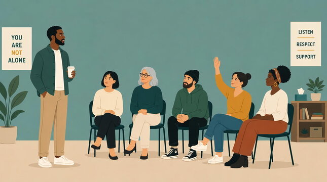 Diverse Group Attending Support Therapy Session With Male Facilitator