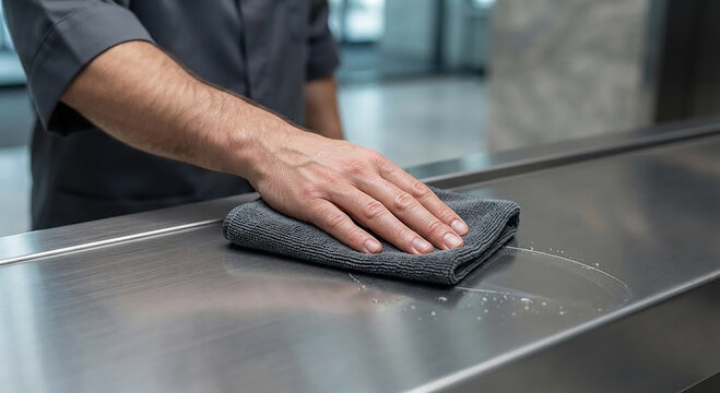 Professional Janitor Cleaning Stainless Steel Counter with Microfiber Cloth