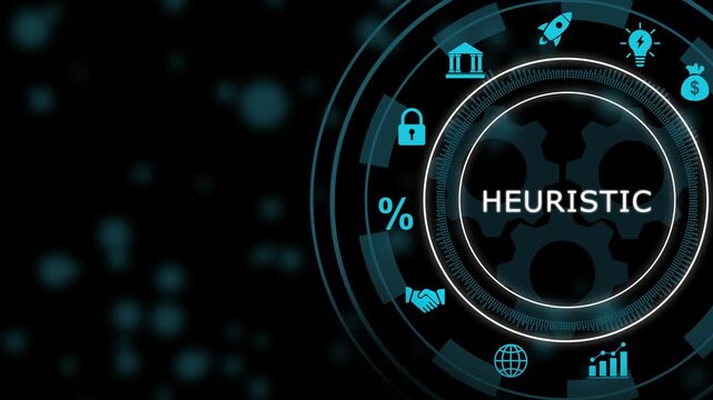 Advanced heuristic problem solving concept featuring animated digital hud interface with rotating mechanical gears, financial growth charts, and global business for corporate technology presentations