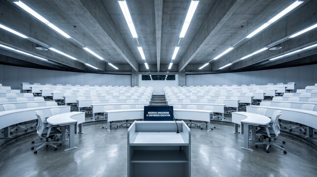 Modern university lecture hall with rows of empty white chairs and podium.