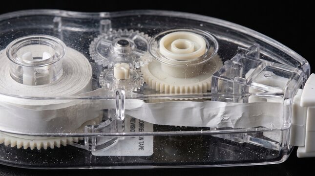 Transparent correction tape dispenser showing internal gears and mechanism.