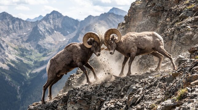 Two Bighorn Sheep Fighting on a Rocky Mountain Slope.