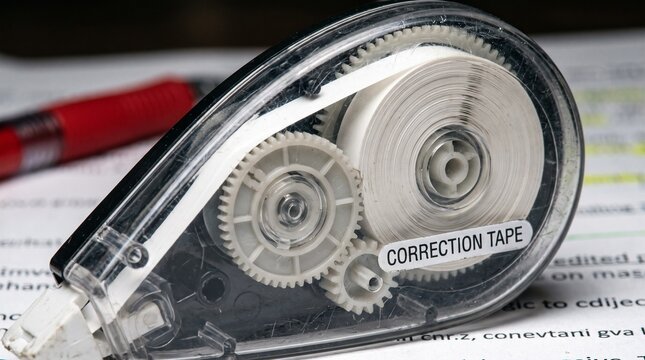 Transparent plastic correction tape dispenser for office supplies.