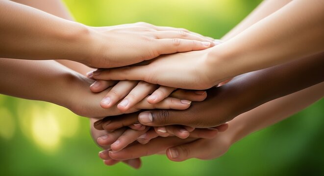 Diverse hands stacked together symbolizing unity and teamwork outdoors.