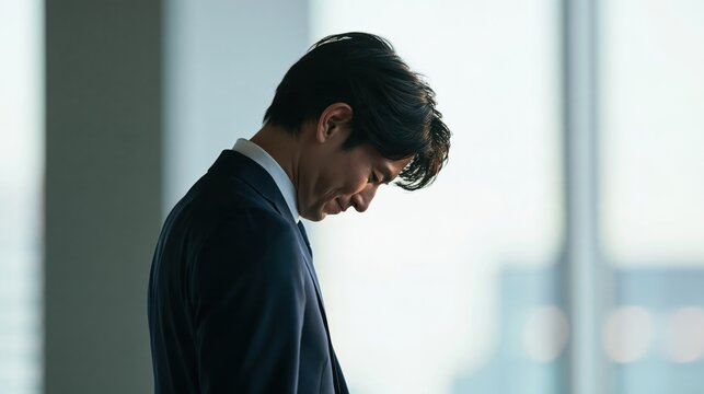 Side view portrait of a professional businessman in a suit looking down