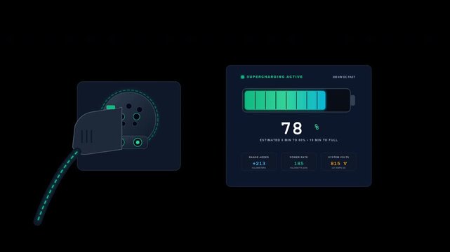 Electric Car Charging Port Battery Fill Animation with a glowing plug connector and percentage count-up