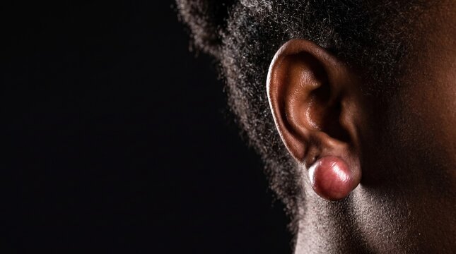 African American person earlobe with large keloid scar after piercing