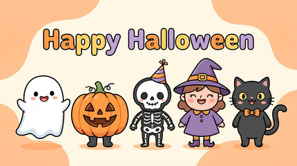Fototapeta premium Halloween-themed cartoon characters performing a musical ensemble with instruments in vibrant orange background