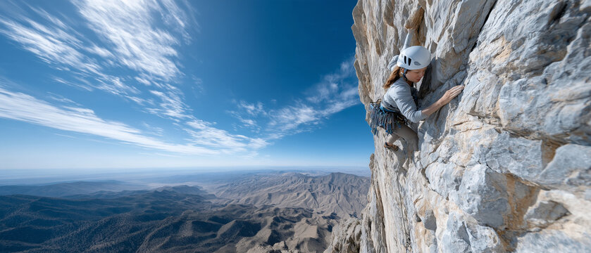 Female Rock Climber Ascending Dramatic Cliff &mdash; Adventure Sports and Landscape Portrait

