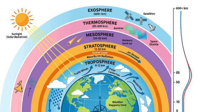Illustration of Earth's Atmospheric Layers with Temperature Gradient