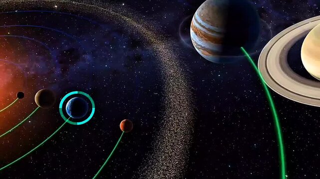 Earth in the solar system showing its position, orbit around the Sun, rotation, and surrounding planets.