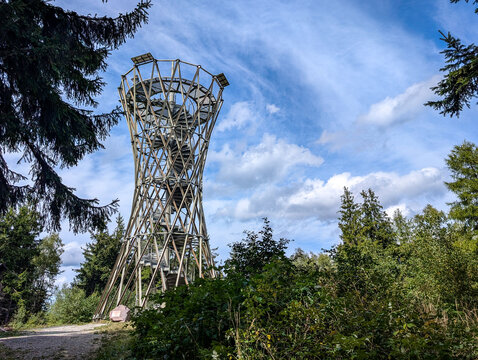 Steel Forest Observation Tower Beside A Walking Trail, Scenic Outdoor Lookout