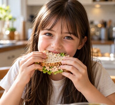 A cheerful young girl enjoying a fresh tuna sandwich with lettuce on multigrain bread in a warm, cozy kitchen, captured in natural light with a soft bokeh background.