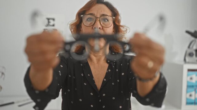 Middleaged woman optician wearing glasses holds a trial frame toward camera for an eye test in a clinic building, eye chart visible; concentration.