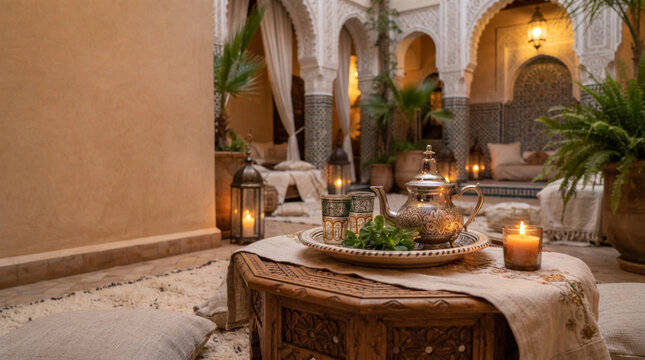 Traditional Moroccan riad terrace at night with mint tea set on carved wooden table, lanterns and candles, authentic Marrakech courtyard