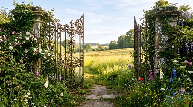 Open ornate iron gate leading to sunlit meadow with wildflowers and ivy covered stone pillars