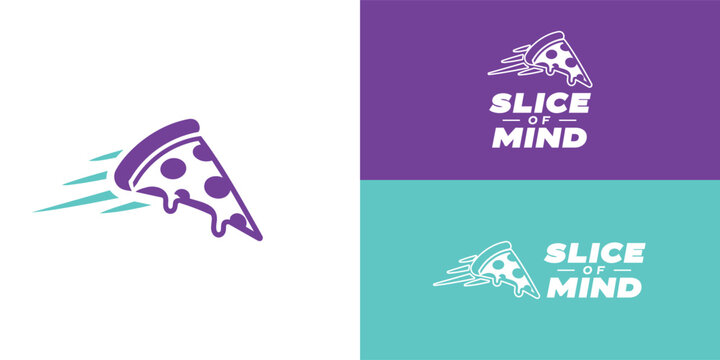A dynamic logo for a pizza restaurant. It features a stylised deep purple pizza slice with pepperoni and oozing cheese, accompanied by light teal speed lines to signify fast service or delivery.