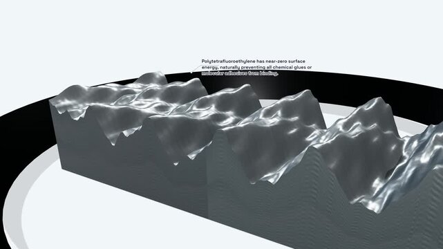 3D animation detailing mechanical interlocking of polytetrafluoroethylene coating on metal, including abrasive blasting, liquid dispersion, thermal curing, and water droplet repellency