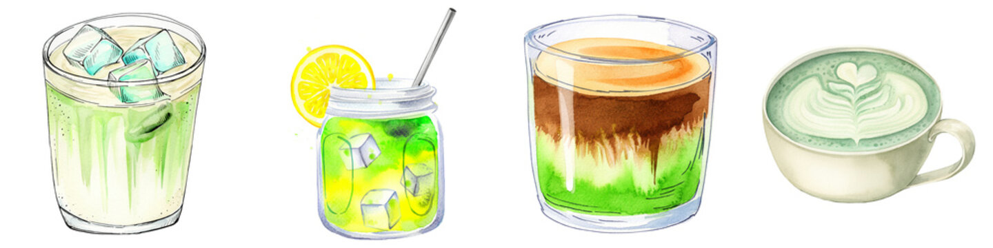 Watercolor iced matcha latte, dirty matcha and lemon jar drink