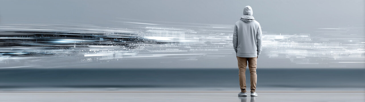 AI Startup Founder Beside Futuristic Interface Visuals &mdash; Minimalist Innovation Business Portrait

