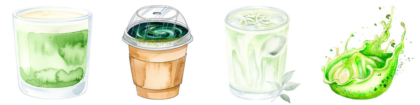 Watercolor matcha splash, takeaway cup and layered green latte